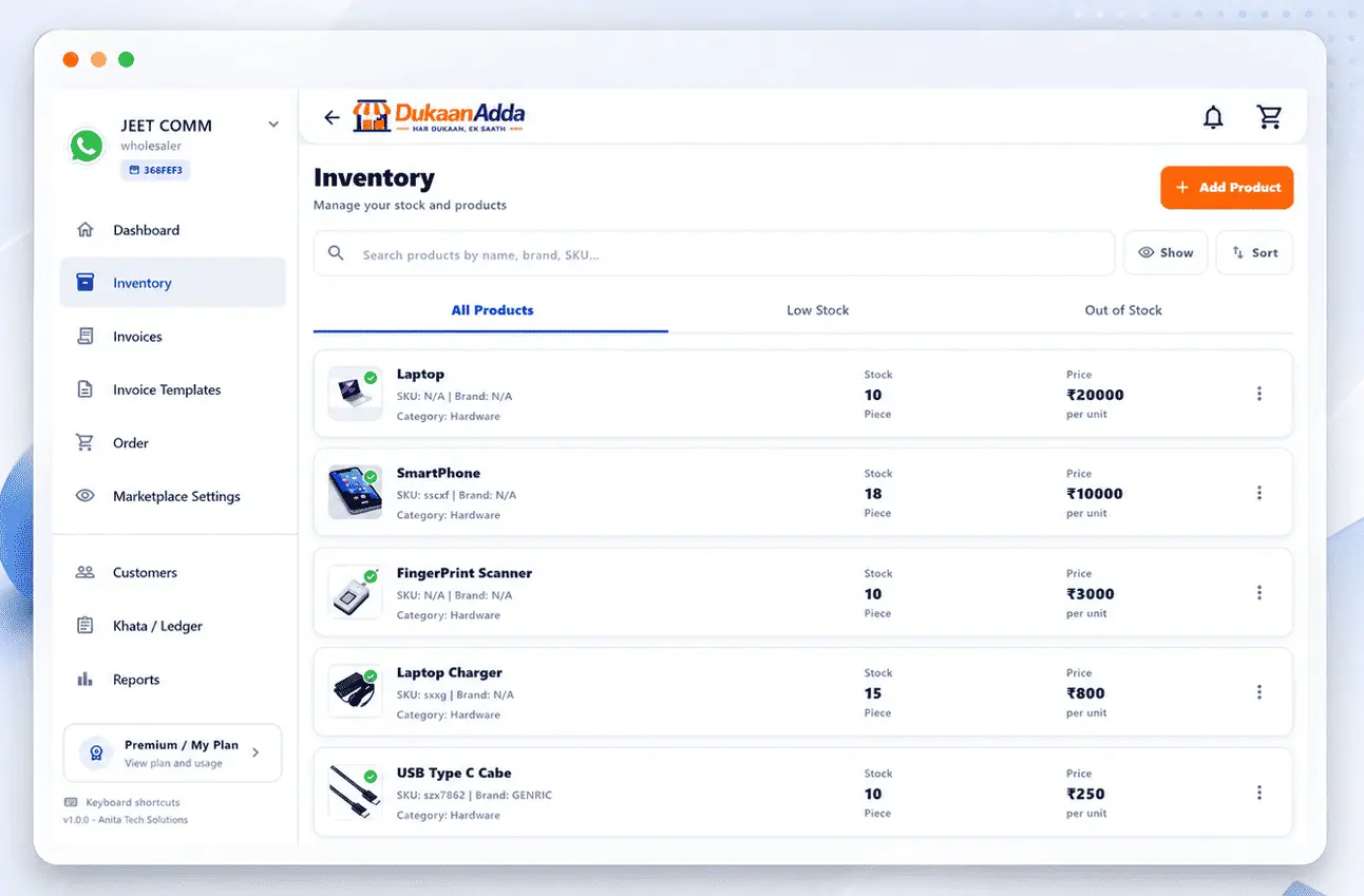 DukaanAdda inventory management screen with products and stock alerts