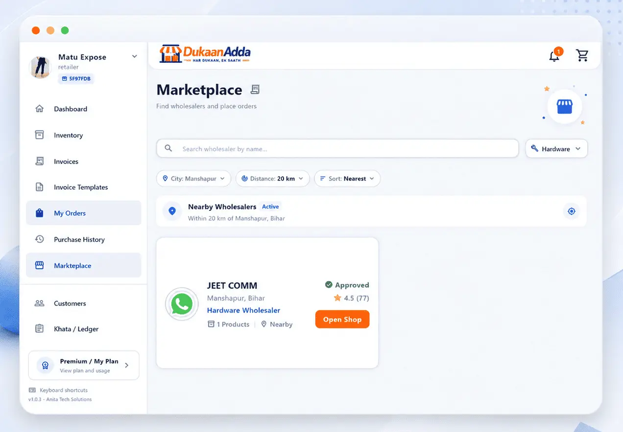 DukaanAdda wholesale marketplace screen for wholesalers and cart orders