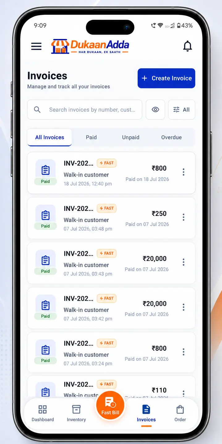 DukaanAdda mobile invoice screen