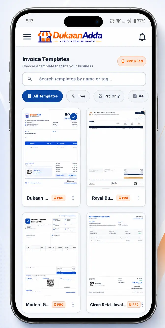 DukaanAdda Invoice Templates Selection Screen